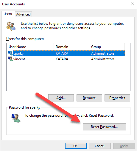 Select the account you want to manage and click Reset Password.