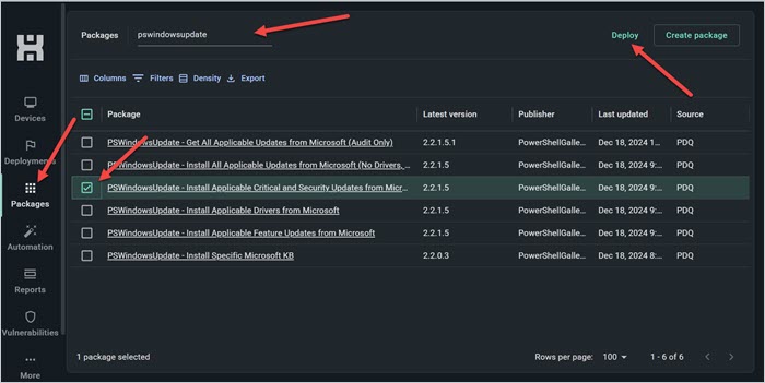 Screenshot of PDQ Connect interface showing the Packages button, pswindowsupdate in the search field, a checkmark next to PSWindowsUpdate – Install Applicable Critical and Security Updates from Microsoft, and the Deploy button. 