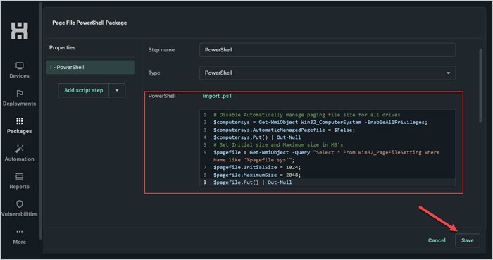 Screenshot of the PDQ Connect UI showing the PowerShell script in the scripting field and the Save button.