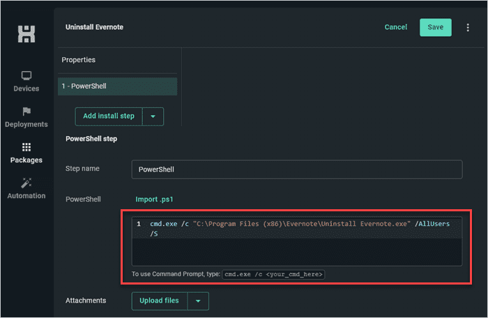 Screenshot of entering the uninstall string into the PowerShell pane.