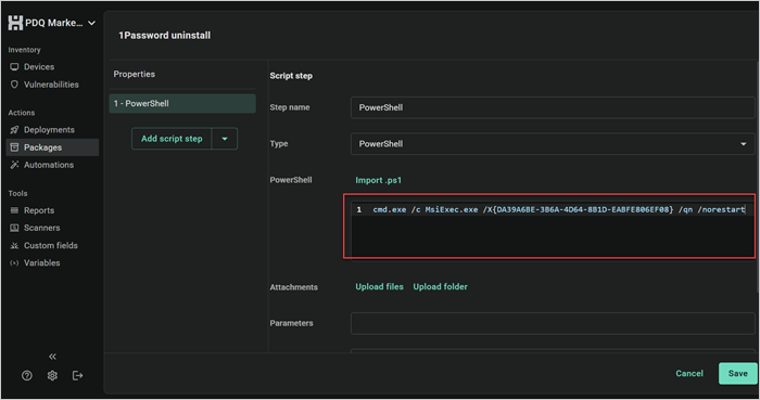 Screenshot of entering the uninstall string into the PowerShell pane.