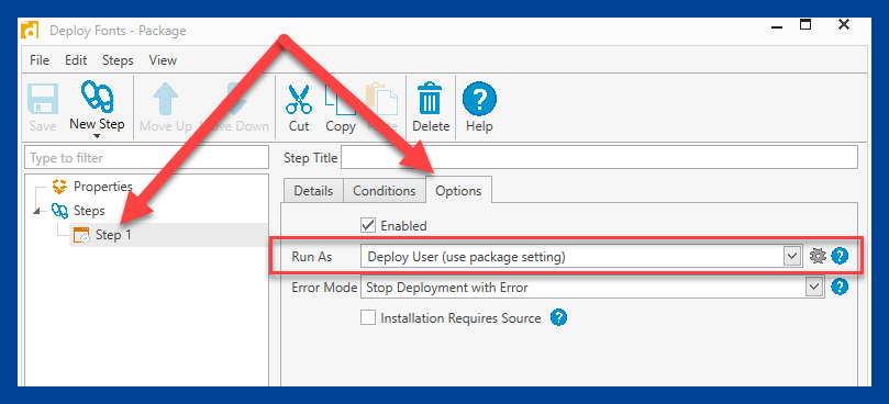 Configuring the run mode setting at the step level in PDQ Deploy.