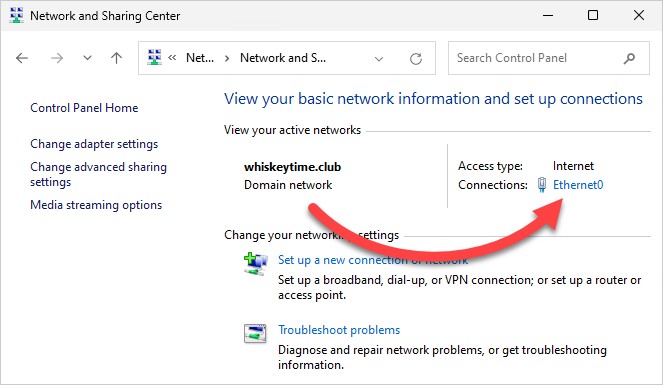 Click on the connection link at the Network and Sharing Center screen.