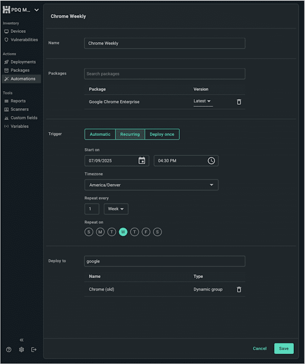 Configuring an automation in PDQ Connect.