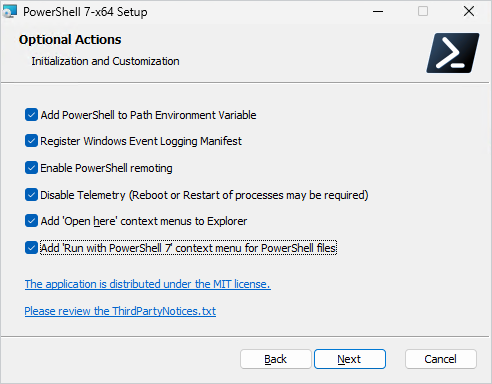 Selecting PowerShell installation options.