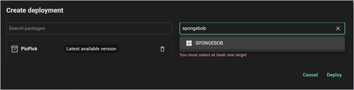 PDQ Create deployment window with the PicPick package and a target device search.