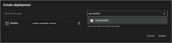 PDQ Create deployment window with the PicPick package and a target device search.