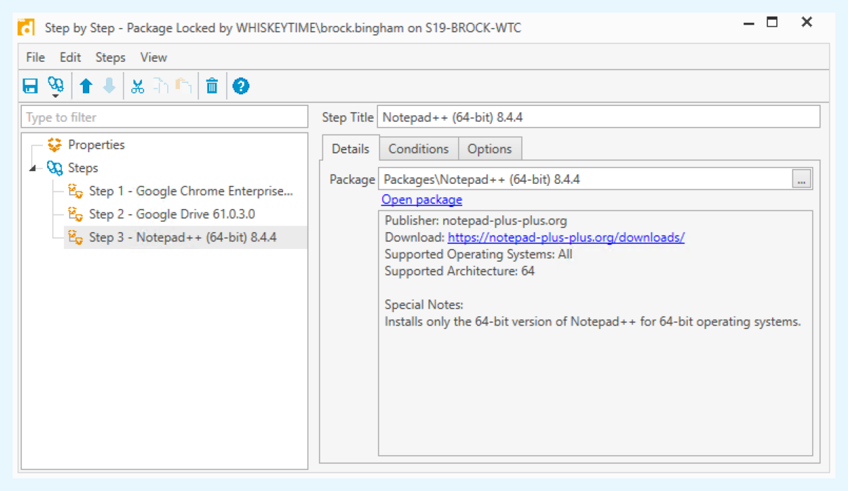 Example of Nested Package Step in PDQ Deploy with Google Chrome, Google Drive, and Notepad Plus Plus