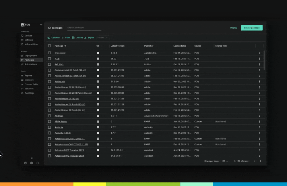 Animated GIF of the PDQ Connect Packages list screen, ending with the “Ask our docs” option for in-app documentation help.