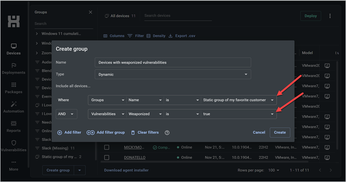 Screenshot showing the "Create group" window in the PDQ Connect interface with the following filters: Groups > Name > is > Static group of my favorite customer AND Vulnerabilities > Weaponized > is > true.