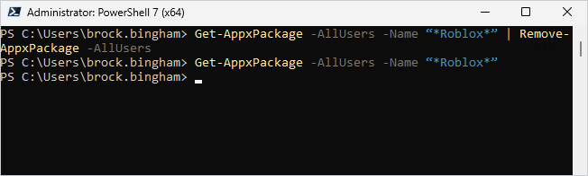 Results from running Remove-AppxPackage command in PowerShell.