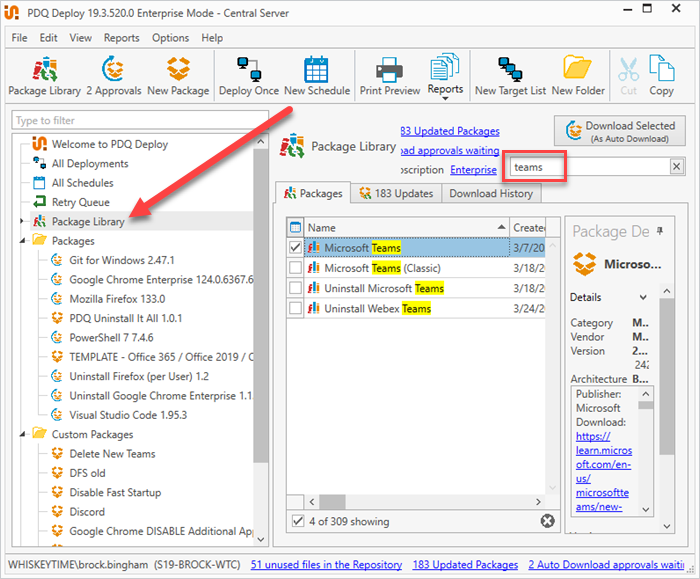 Screenshot showing the Package Library and search bar in PDQ Deploy. 