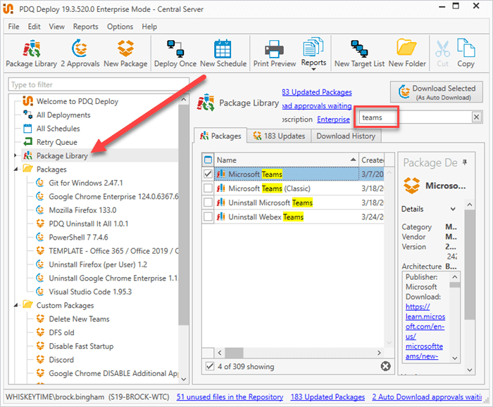 Screenshot showing the Package Library and search bar in PDQ Deploy.