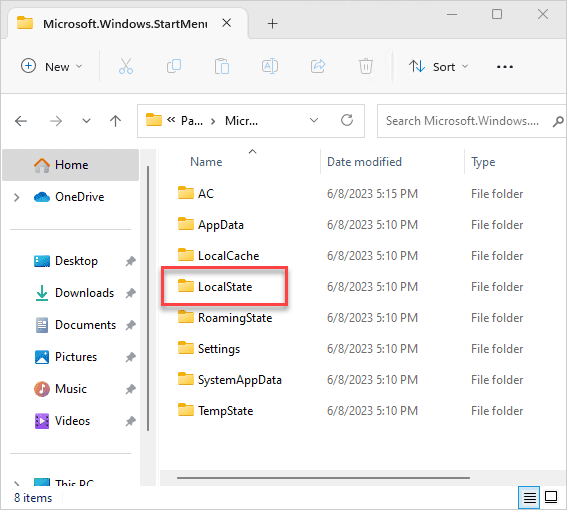 Screenshot showing the LocalState folder.