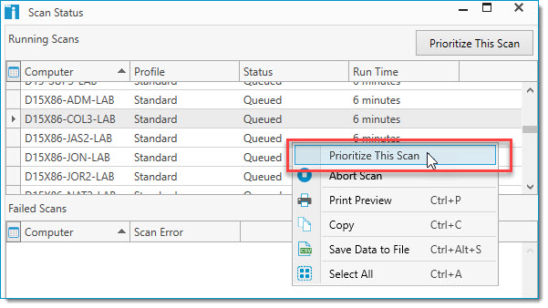 Product image of right clicking a drop down menu to prioritize a scan