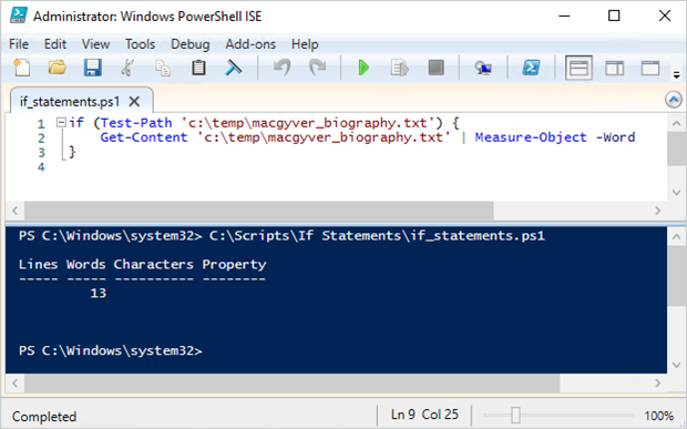 PowerShell example of calling the Test-Path cmdlet to see if a file exists or not.