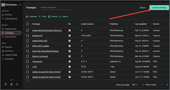 Screenshot of clicking Create package to create a new package.