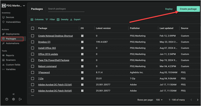 Screenshot of clicking Create package to create a new package.
