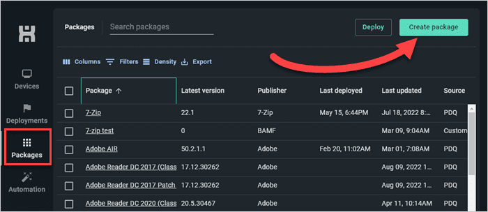 Screenshot of clicking Create package to create a new package.