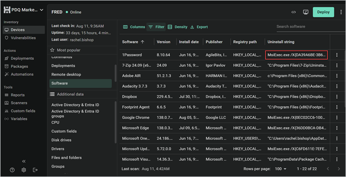 Screenshot of how to locate and copy an uninstall string.