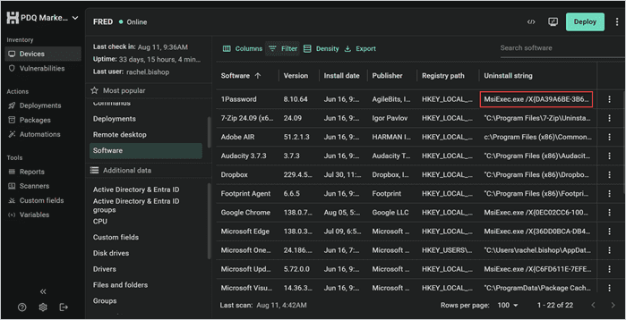 Screenshot of how to locate and copy an uninstall string.