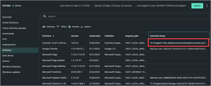 Screenshot of how to locate and copy an uninstall string.