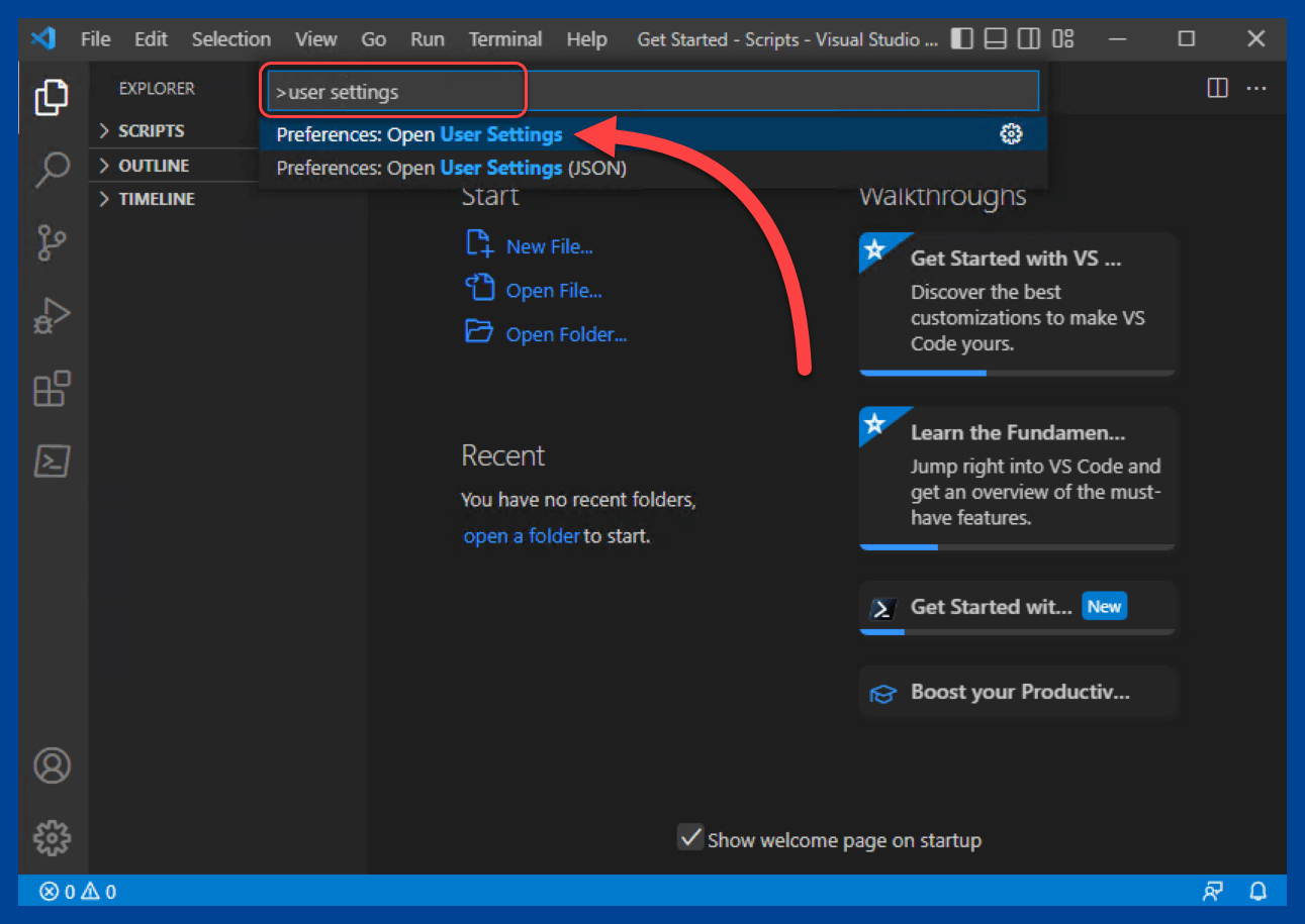 Opening the users settings panel in VS Code
