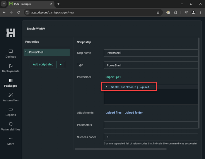 Screenshot of adding a PowerShell command to a PDQ Connect package.