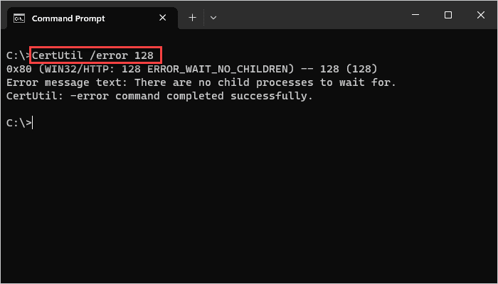 Identifying error codes with the CertUtil utility.