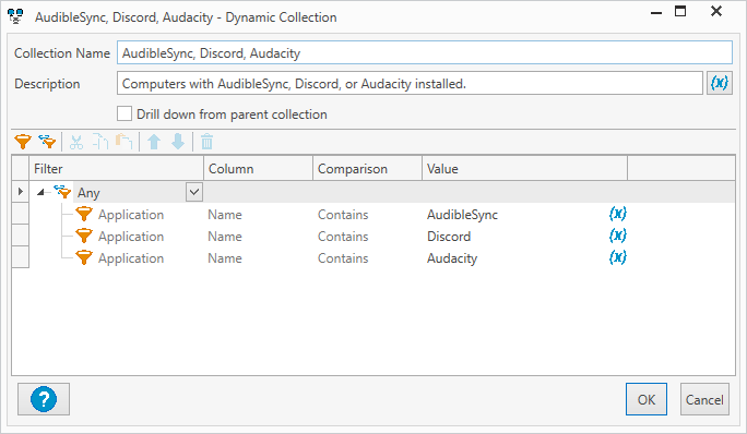 Dynamic collection which filters for computers with AudibleSync, Discord, or Audacity installed.