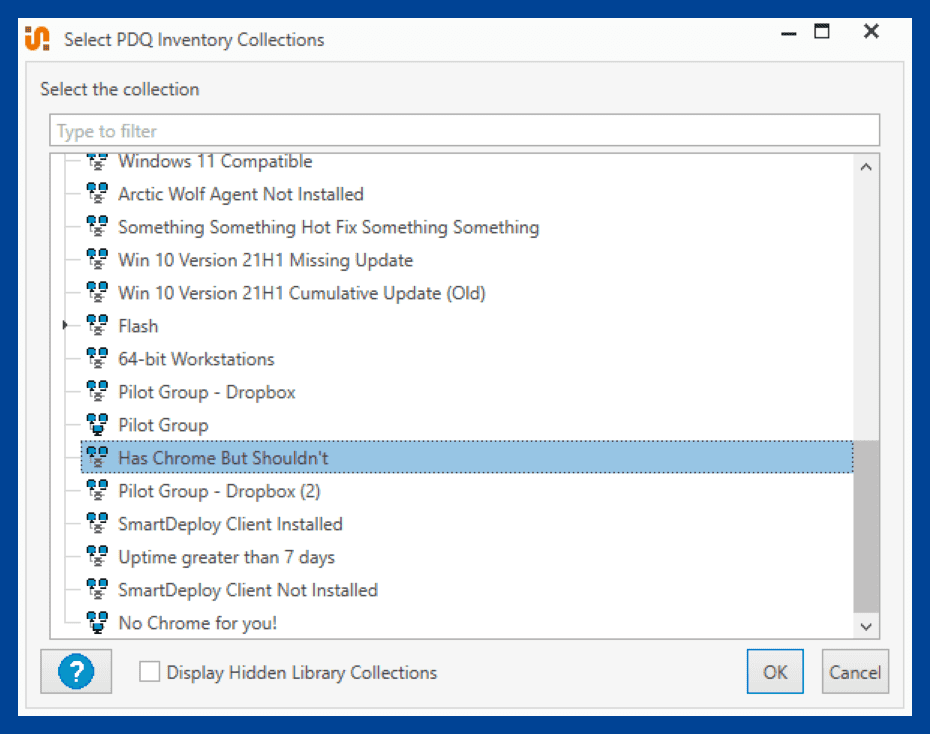 Select the collection of computers that have Chrome but shouldn't