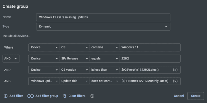 Creating a group of devices missing Windows updates