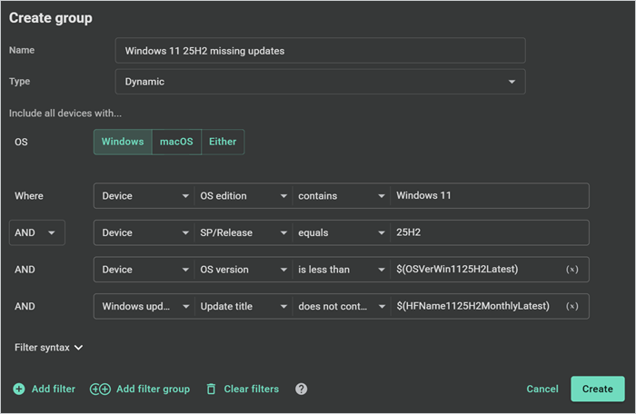 PDQ dynamic group filters for Windows 11 25H2 devices missing the latest cumulative update.