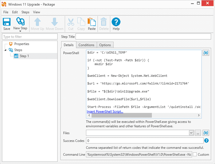 A custom package in PDQ Deploy to upgrade Windows.