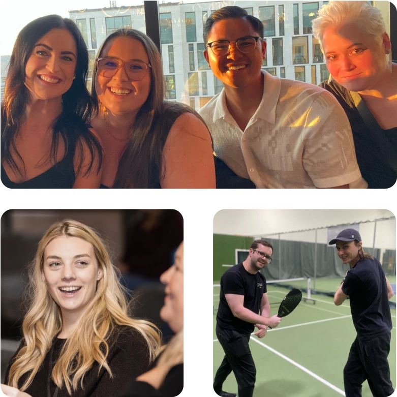 Collage of people at whiskey time, woman smiling, men playing pickleball