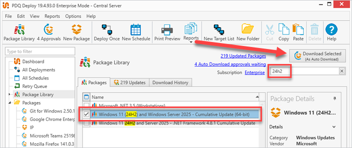 PDQ Deploy Package Library filtered for 24H2 with Windows 11 24H2 and Windows Server 2025 cumulative update selected for download.