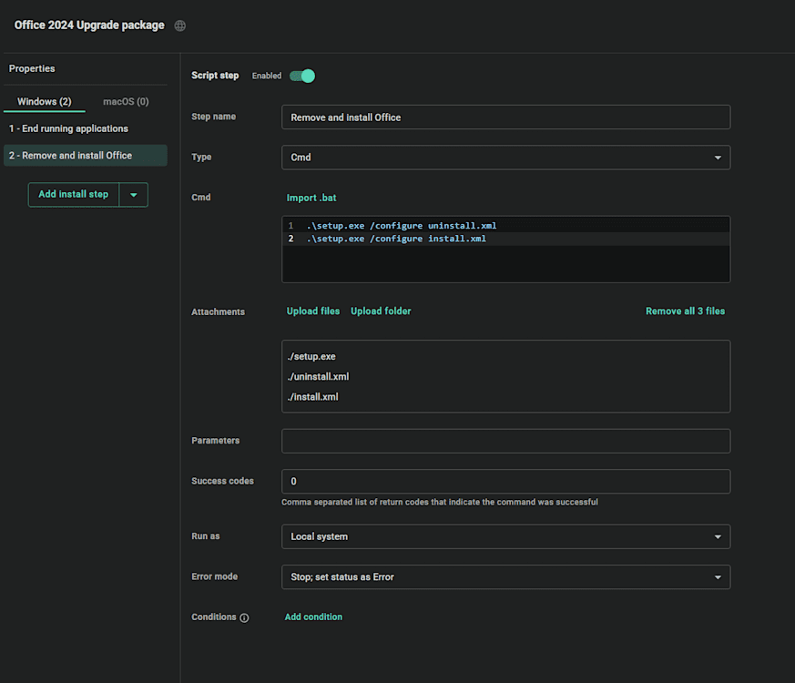 Setup an uninstall and install script step in PDQ Connect.