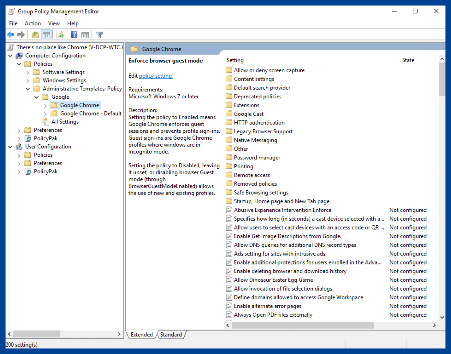 Navigate to the Google Chrome policies in the Group Policy Management Editor