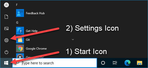 Screenshot of finding the settings icon in Windows 10.