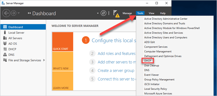 Launching the DCHP tool from Server Manager in Windows Server.