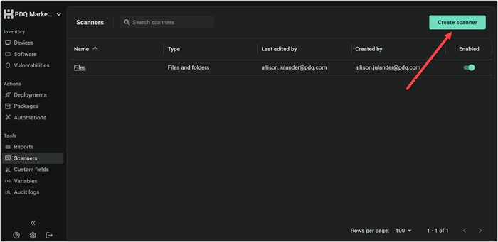 PDQ Connect Scanners page with the Create scanner button highlighted.