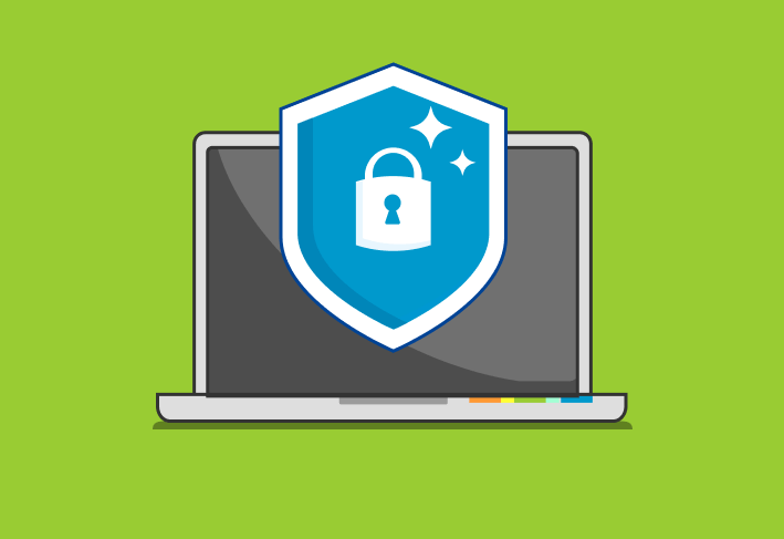 Illustration of computer with shield and lock that represents security