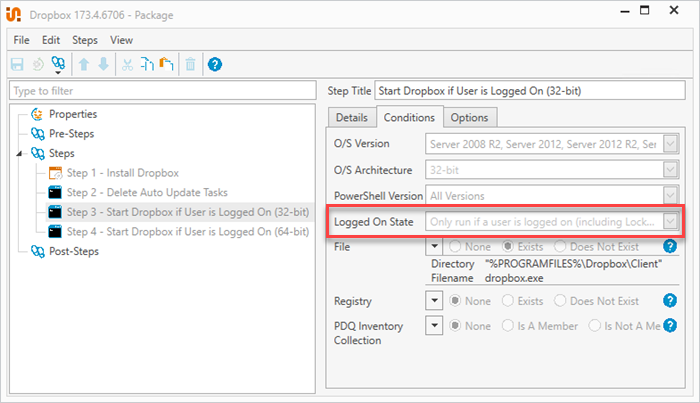 Configuring the Loggged On State condition in PDQ Deploy.
