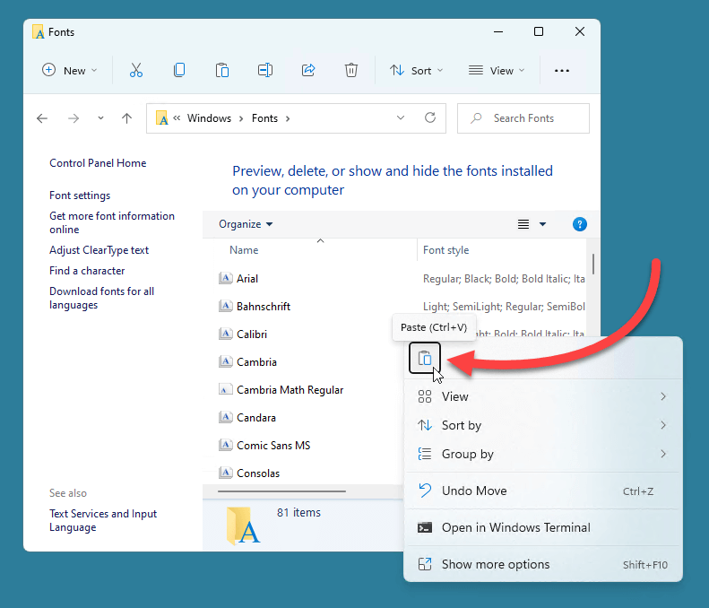 Using the context menu to paste multiple files into the Windows fonts folder.
