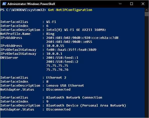 Get-NetIPConfiguration PowerShell cmdlet results.