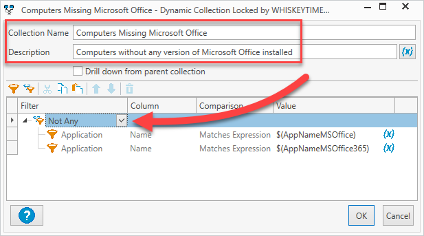 Collection filters to group computers missing Microsoft Office