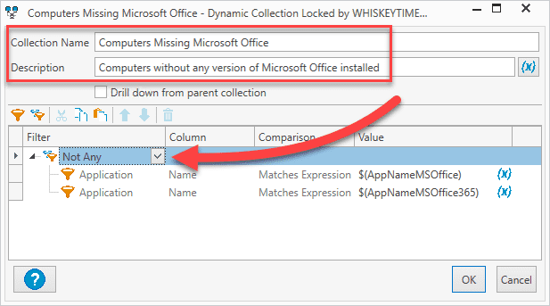 Collection filters to group computers missing Microsoft Office