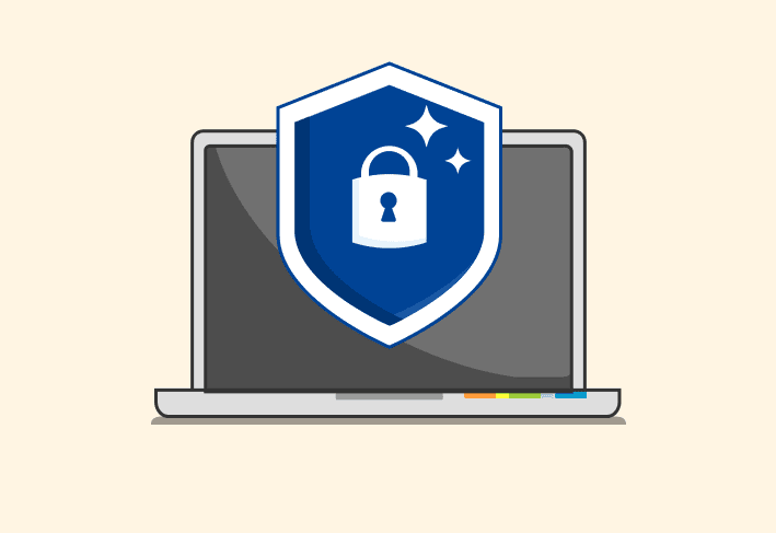 Illustration of computer with shield and lock that represents security