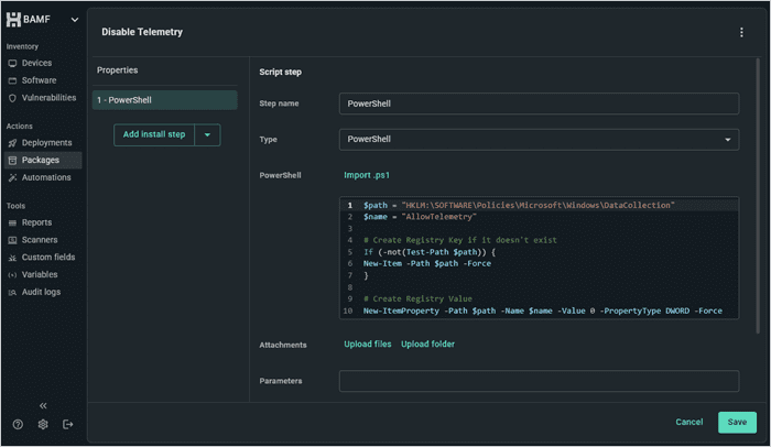 A custom package in PDQ Connect to disable Windows telemetry using PowerShell.