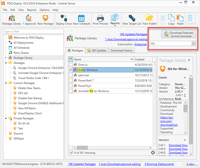 Downloading the Git package in PDQ Deploy.